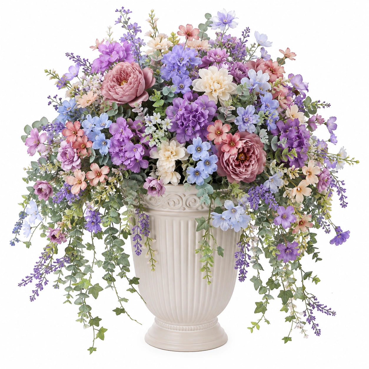 Bouquet de fleurs artificielles multicolore avec vase crème