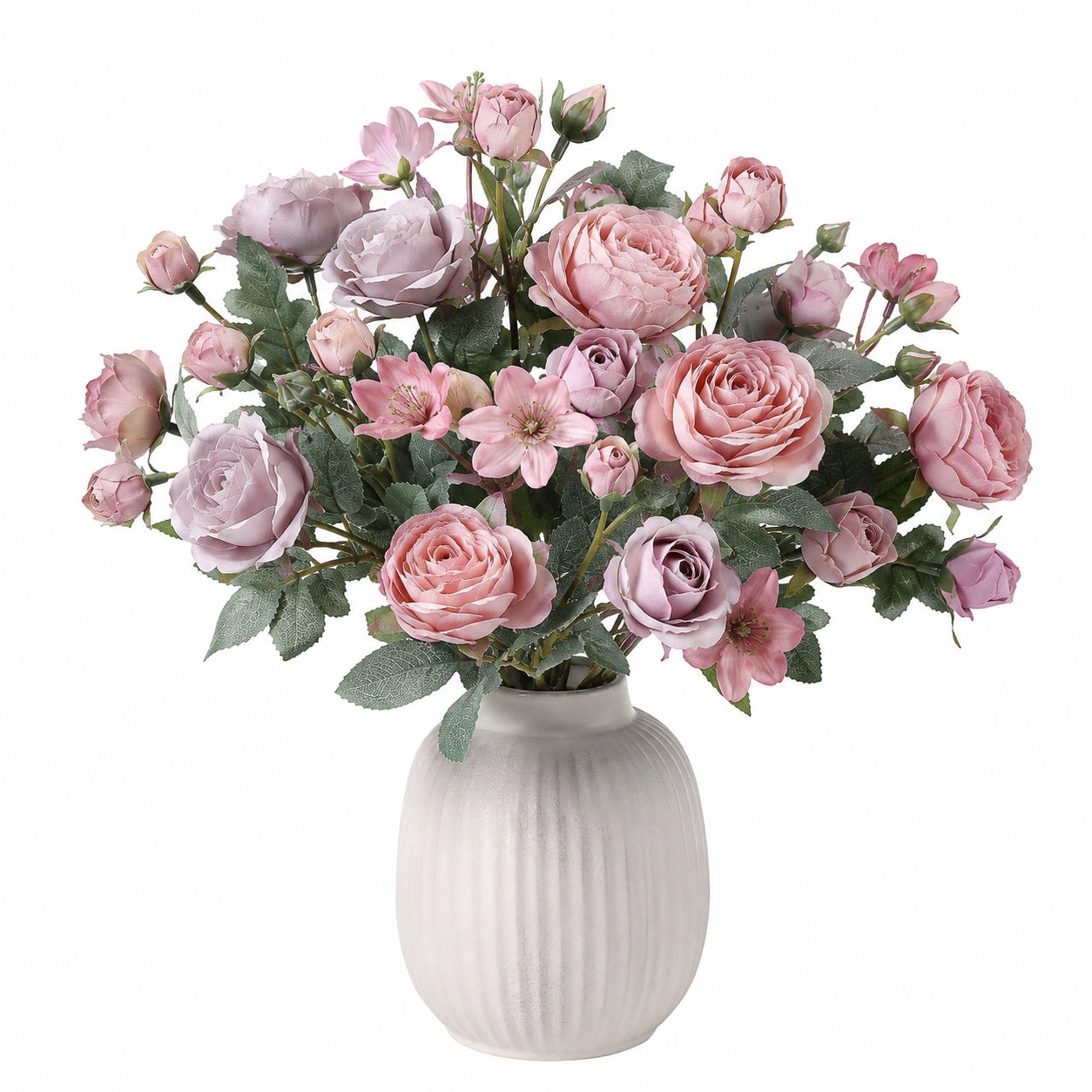 Bouquet de roses artificielles rose et lilas avec vase