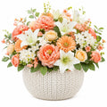 Composition Florale Artificielle en Pot Tressé - Pêche et Blanc