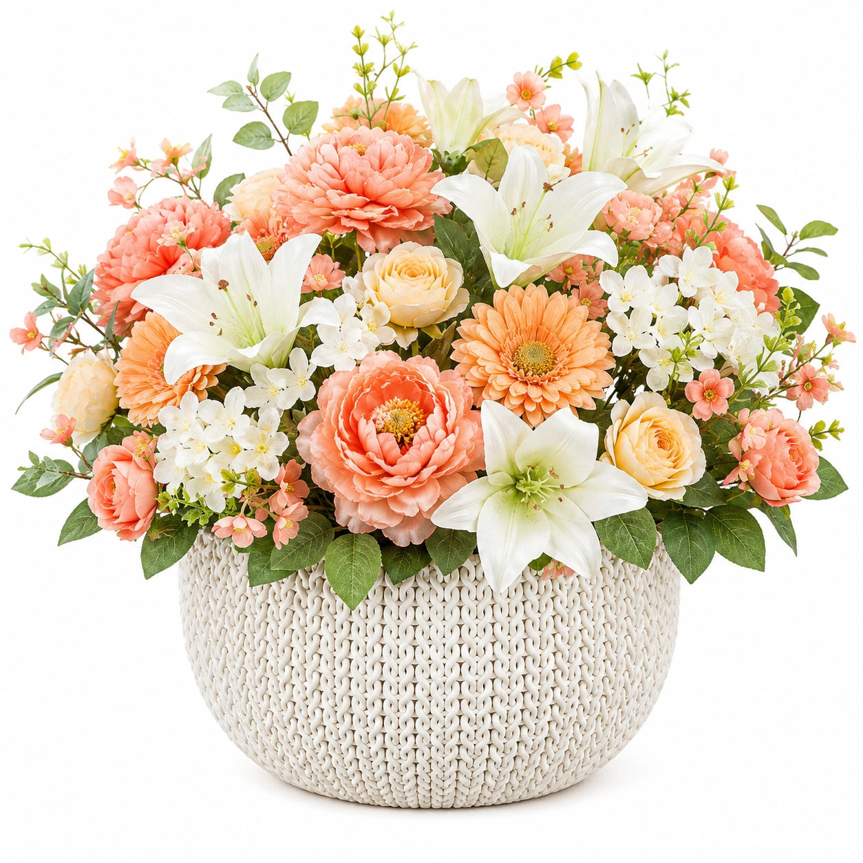 Composition Florale Artificielle en Pot Tressé - Pêche et Blanc