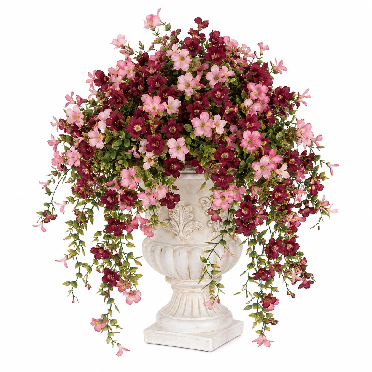 Composition Florale Artificielle Cascade Rose et Bordeaux avec Urne Décorative