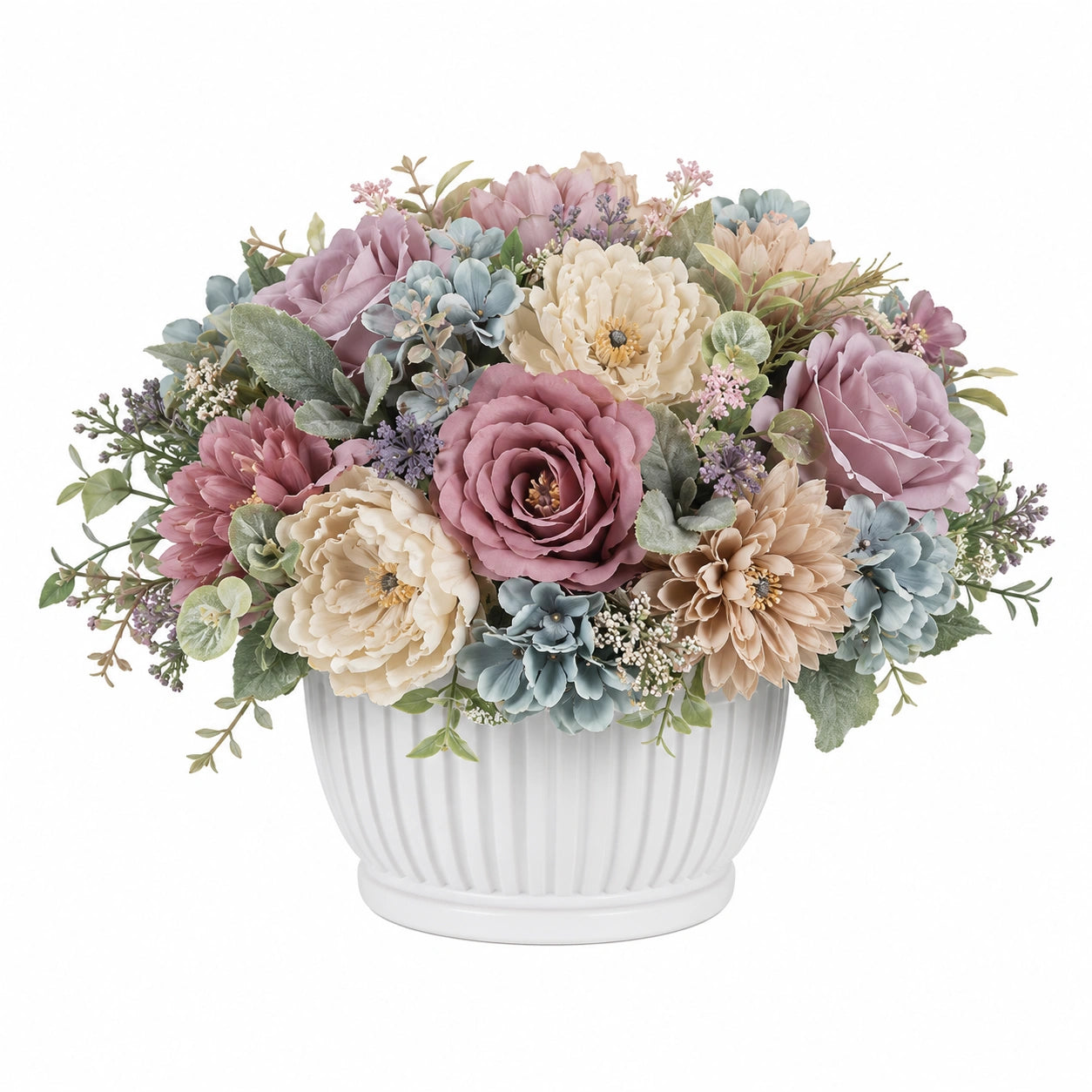 Arrangement floral artificiel en pot blanc avec fleurs pastel