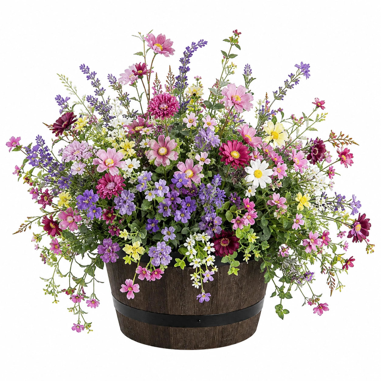 Arrangement Floral Artificiel Coloré en Pot de Bois