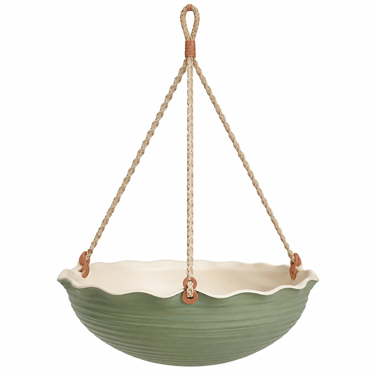 Panier suspendu vert et blanc avec corde tressée