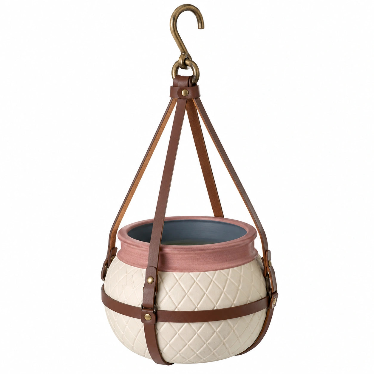 Pot de Plante Suspendu en Céramique Beige et Rose avec Sangles en Cuir