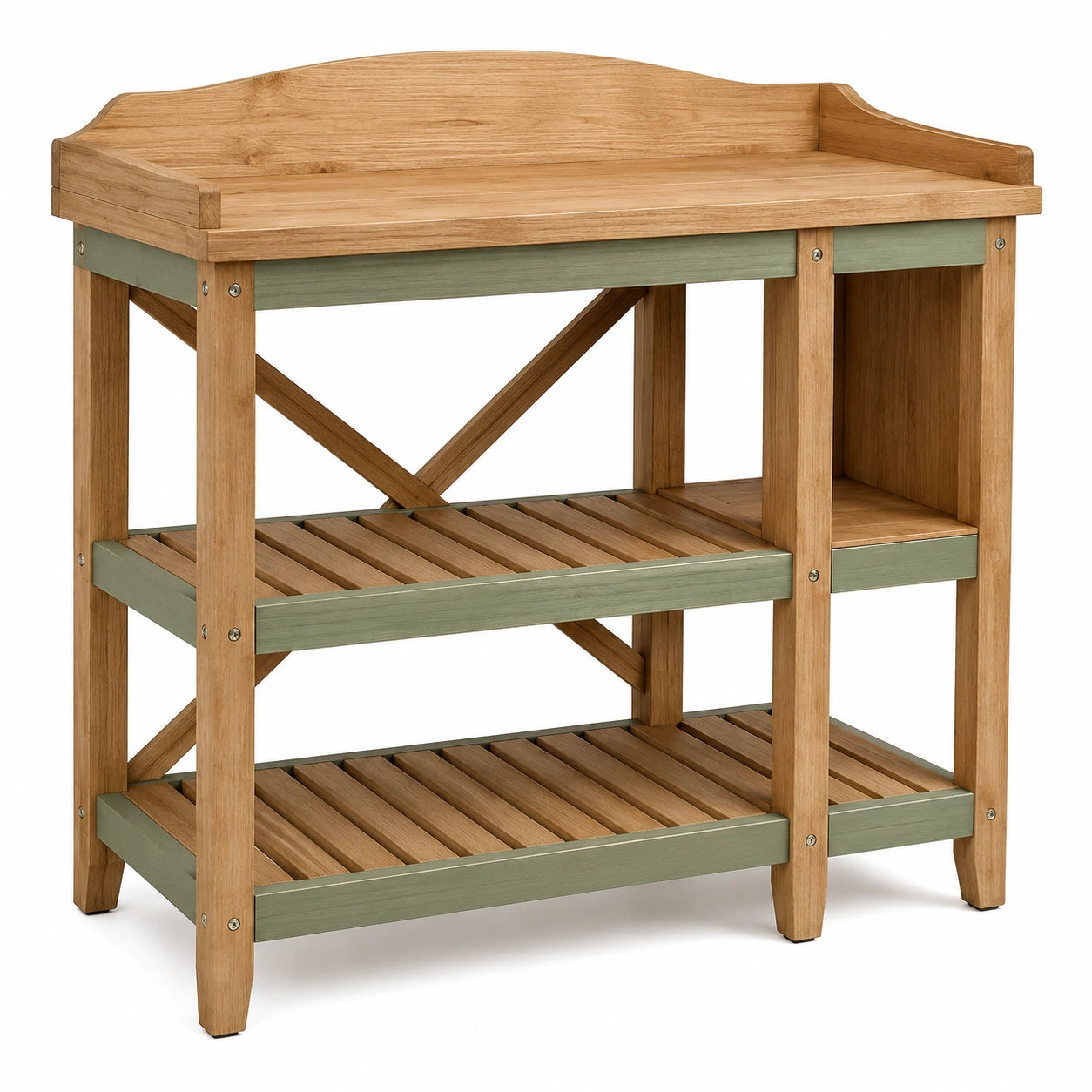 Table de Jardin en Bois Clair avec Étagères de Rangement Vertes