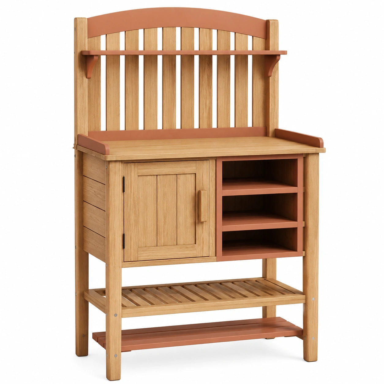 Table de jardinage en bois orangé avec étagères et rangement