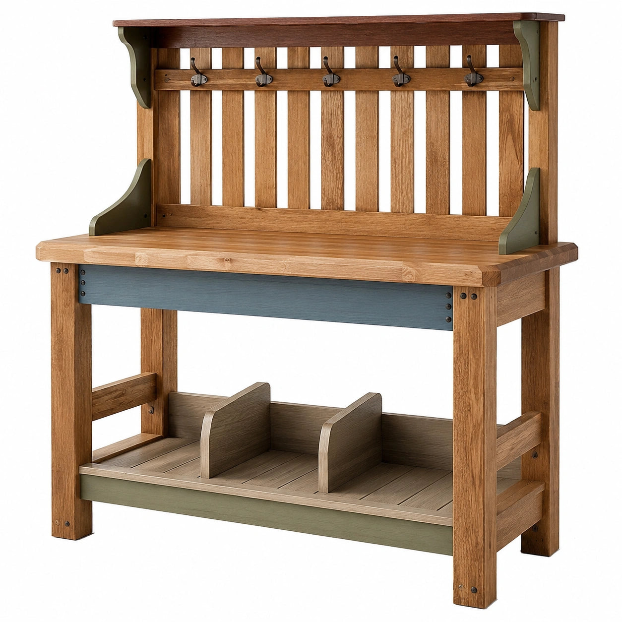 Table de jardin en bois avec crochets et étagères