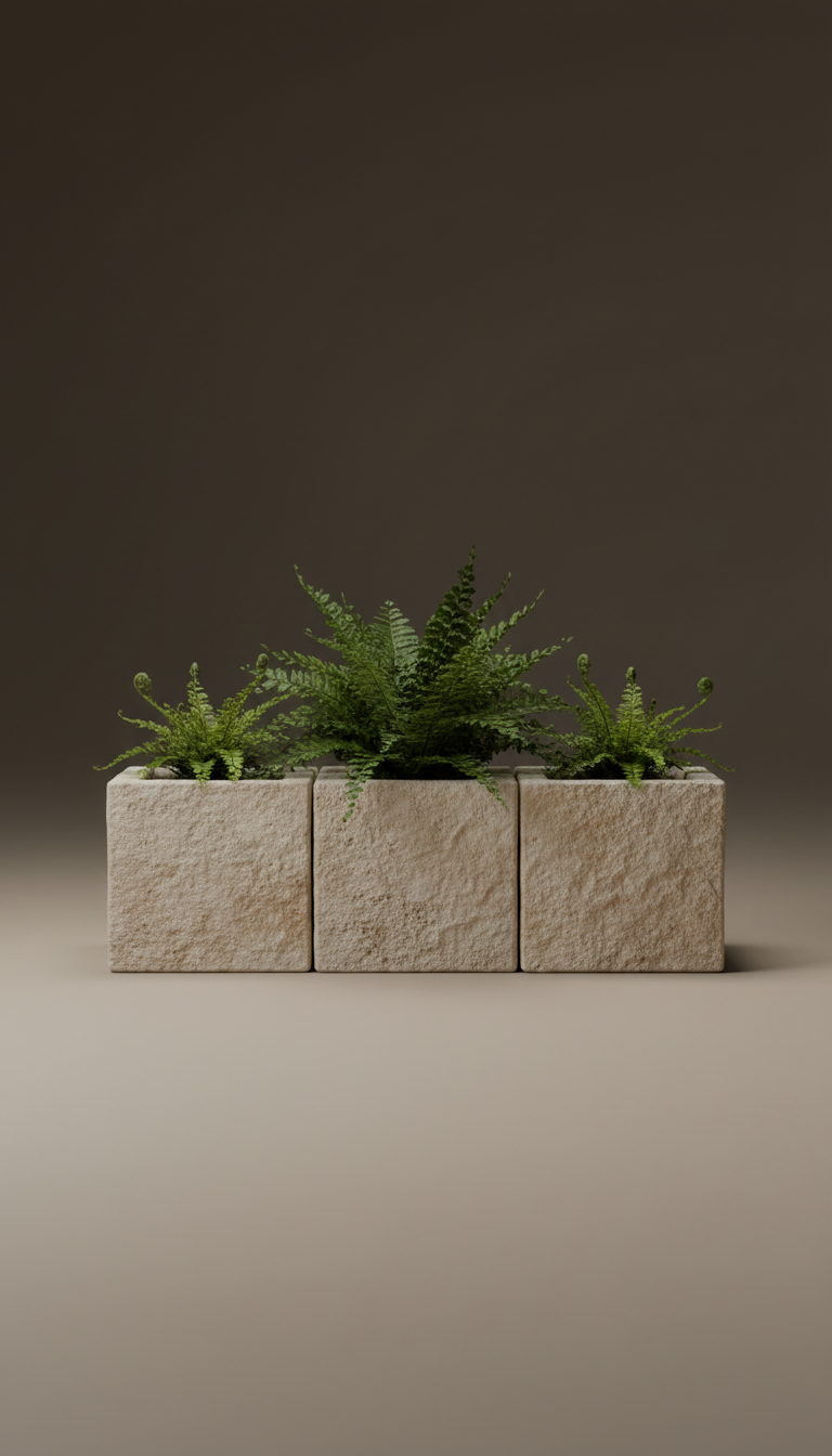 Trio de jardinières modulaires en pierre avec fougères